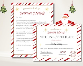 Lettre modifiable du père Noël et certificat de belle liste, lettre de Noël personnalisée du père Noël, souvenir pour enfants, modèle de toile, cadeau de Noël