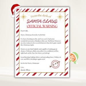 May include: A festive Christmas-themed letter from Santa Claus, featuring a red and white striped border and a Santa hat graphic. The letter includes the text "OFFICIAL WARNING" and a message to "Emily."