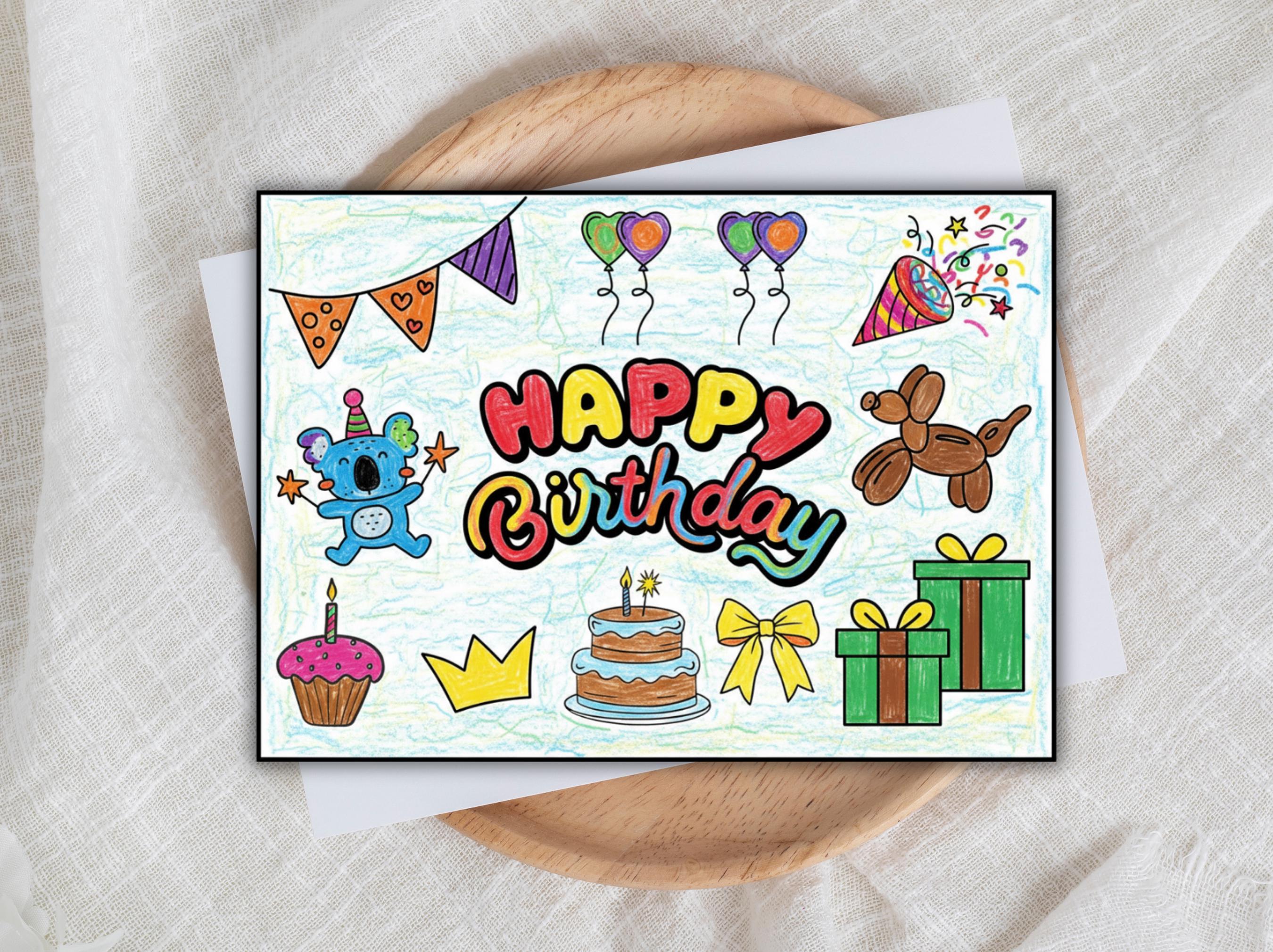 Happy Birthday Coloring Card, Printable Kids Activity, DIY Card for ...