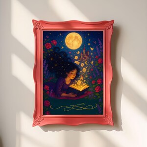 Romantyczna literacka dziewczyna sztuka – marzycielski miłośniczka książek plakat – kapryśny księżycowy wydruk do czytania dla fantasy estetycznych pokoi