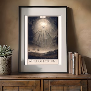 Affiche de tarot de la roue de la fortune – impression d'art numérique destin mystique, décoration murale arcanes majeurs, art mural imprimable sorcière spirituelle