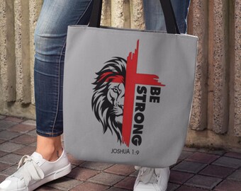 Be Strong Christian Tote Bag, Gray Canvas with Colored Handles, Joshua 1:9 Lion Design, Bible Verse Gift for Women, Church, or Everyday Use