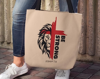 Be Strong Christian Tote Bag, Beige Canvas with Colored Handles, Joshua 1:9 Lion Design, Bible Verse Gift for Women, Church, or Everyday Use