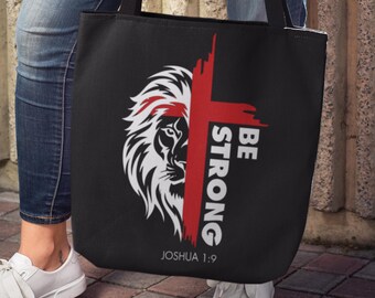 Be Strong Christian Tote Bag, Black Canvas with Colored Handles, Joshua 1:9 Lion Design, Bible Verse Gift for Women, Church, or Everyday Use