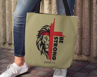 Be Strong Christian Tote Bag, Sage Green Canvas with Colored Handles, Joshua 1:9 Lion Design, Bible Verse Gift for Women, or Everyday Use