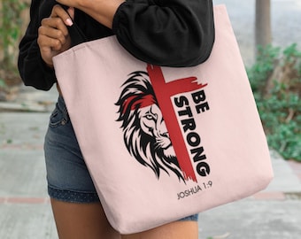 Be Strong Christian Tote Bag, Light Pink Canvas with Colored Handles, Joshua 1:9 Lion Design, Bible Verse Gift for Women, or Everyday Use