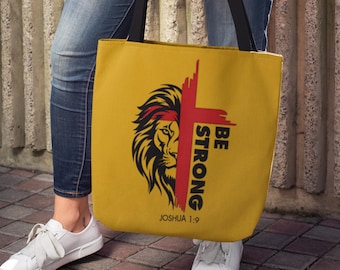 Be Strong Christian Tote Bag, Mustard Yellow Canvas with Colored Handles, Joshua 1:9 Lion Design, Bible Verse Gift for Women or Everyday Use