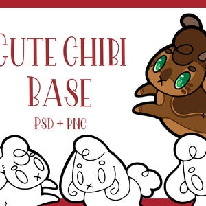 May include: A digital art graphic with the text "CUTE CHIBI BASE" in burgundy. The image features a brown cartoon deer with green eyes and three white cartoon sheep. The graphic is labeled "PSD + PNG".