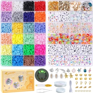 May include: A comprehensive jewelry-making kit featuring a variety of colorful clay beads, letter beads, and decorative charms. The kit includes a range of colors and shapes, along with tools and string for creating bracelets and necklaces. The box reads "FZIIVQU Clay Beads Bracelet Making Kit".