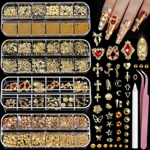 May include: A collection of gold nail art supplies, including various shapes and sizes of charms, beads, and rhinestones. The image also shows decorated nails with gold accents, tweezers, and a white nail art pen.