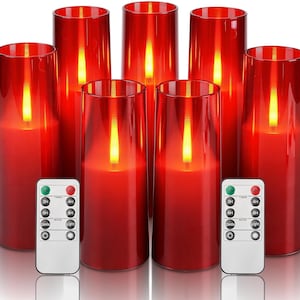 May include: Set of seven red LED candles with a realistic flickering flame effect. Each candle is encased in a clear, cylindrical glass. Two remote controls are included, featuring timer and light mode options.