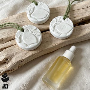 May include: Three circular white clay ornaments featuring embossed lemon and leaf designs, each attached to a green yarn string. A clear glass dropper bottle filled with a golden liquid sits nearby, featuring a white cap and dropper top.