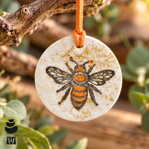May include: A round, off-white ceramic pendant featuring a detailed black and orange bee illustration. The surface has a speckled gold finish. An orange cord is threaded through a hole at the top for hanging, suspended from a textured branch.
