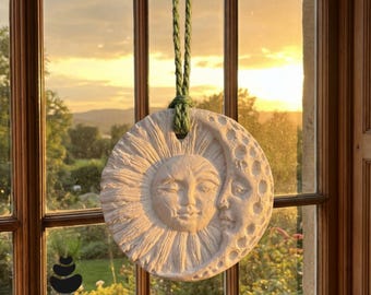Handmade Clay Sun & Moon Diffuser Set – Hanging Aromatherapy Car Freshener – Boho Spiritual Home Fragrance