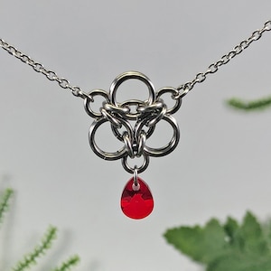 Brigid Necklace Surgical Stainless Steel Light Siam Red Premium Crystal Chainmaille Pendant July Birthstone Knotwork Celtic Circles