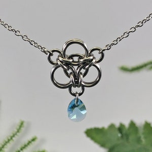 Brigid Necklace Surgical Stainless Steel Aquamarine Premium Crystal March Birthstone Chainmaille Pendant Knotwork Celtic Circles