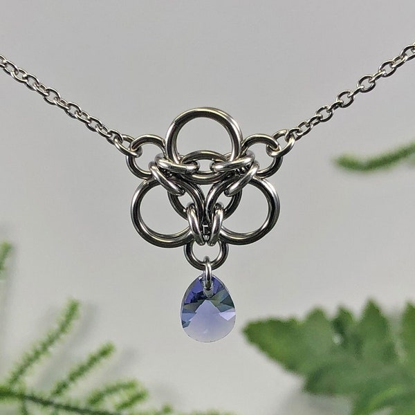 Brigid Necklace Surgical Stainless Steel Tanzanite Blue Purple Premium Crystal Chainmaille Pendant December Birthstone Knotwork Celtic