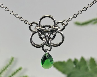 Brigid Necklace Surgical Stainless Steel Dark Moss Green Premium Crystal Chainmaille Pendant May Birthstone Knotwork Celtic Circles