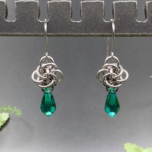 Persephone Earrings Stainless Steel with Austrian Crystal in Emerald Green Chainmaille May Birthstone Knotwork Delicate Intricate Woven
