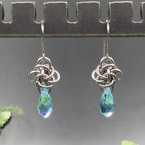 Persephone Earrings Stainless Steel with Austrian Crystal in Aqua Blue Chainmaille March Birthstone Knotwork Delicate Intricate Woven
