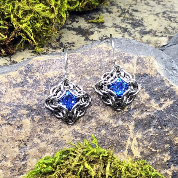 Marena Earrings Sapphire Blue Premium Crystal Stainless Steel Knotwork Chainmaille Intricate Woven Lightweight September Birthstone