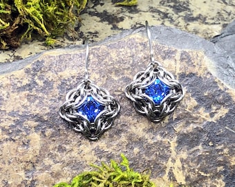 Marena Earrings Sapphire Blue Premium Crystal Stainless Steel Knotwork Chainmaille Intricate Woven Lightweight September Birthstone