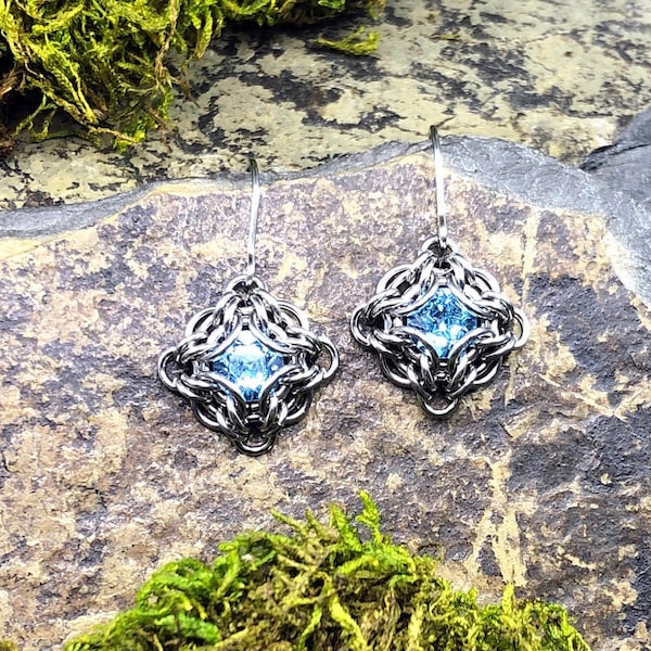 Marena Earrings Aquamarine Blue Premium Crystal Stainless Steel Knotwork Chainmaille Intricate Woven Lightweight March Birthstone