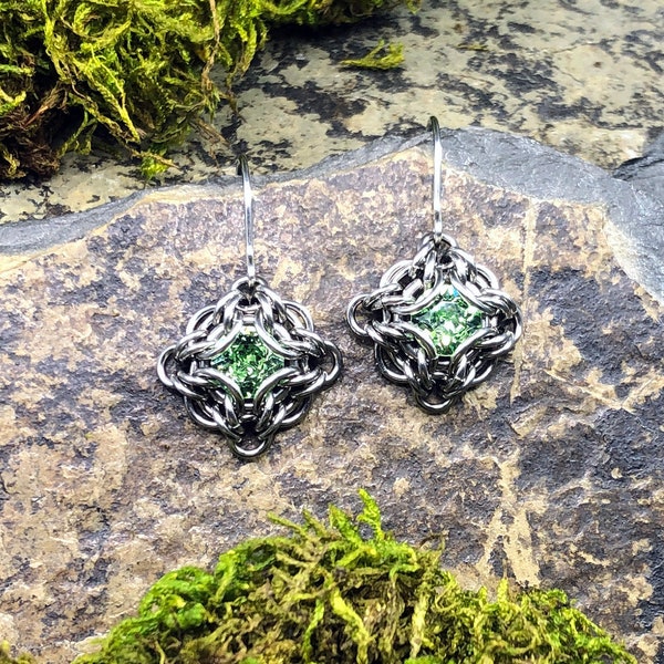 Marena Earrings Peridot Green Premium Crystal Stainless Steel Knotwork Chainmaille Intricate Woven Lightweight August Birthstone