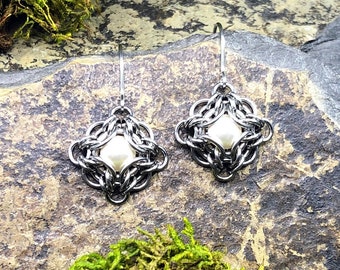 Marena Earrings Pearl Premium Crystal Stainless Steel Knotwork Chainmaille Intricate Woven Lightweight June Birthstone