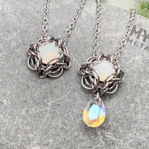 Marena Necklace Opal Austrian Crystal Stainless Steel Knotwork Chainmaille Intricate Woven Lightweight October Birthstone Everyday Gift