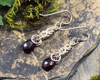 Signature Small Deirdre Earrings Sterling Silver with Garnet Chainmaille January Birthstone Natural Gemstone Valentine's Gift Knotwork