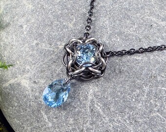 Marena Necklace Black Titanium Stainless Steel Austrian Crystal Aqua Blue Chainmaille Pendant March Birthstone Knotwork Celtic
