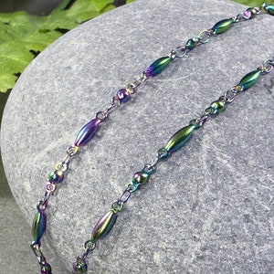 Custom Length Chain Rainbow Titanium Plated Stainless Steel 11x2.5mm Oval Rice Links Hypoallergenic Thick Thin Shiny Multicolor Iridescent