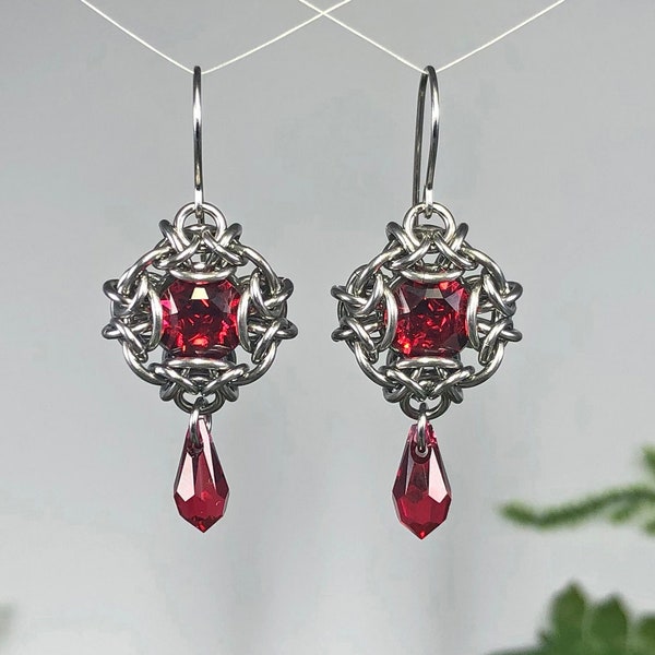 Vila Earrings Stainless Steel with Scarlet Red Austrian Premium Crystal Intricate Knotwork Chainmaille Woven July Birthstone