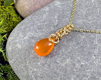 Signature Deirdre Necklace 14K Gold Filled with Orange Carnelian Faceted Chainmaille Knotwork Natural Gemstone Teardrop Vibrant