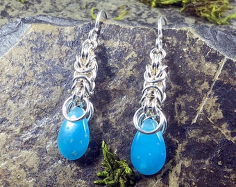 Limited Deirdre Earrings Sterling Silver with Bright Blue Hemimorphite Rare Gemstone Chainmaille Intricate Woven Knotwork