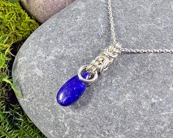 Signature Deirdre Necklace Sterling Silver with Lapis Lazuli Smooth Teardrop Chainmaille Knotwork Natural Gemstone Celtic Woven Intricate