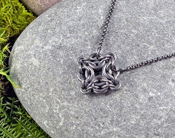 Labyrinth Necklace Oxidized Sterling Silver Chainmaille Mixed Metals Woven Intricate Knotwork Celtic Geometric Classic