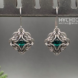 Marena Earrings Emerald Green Austrian Crystal Stainless Steel Knotwork Chainmaille Intricate Woven Lightweight May Birthstone Everyday Gift