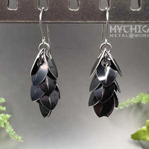 Anzu Earrings Shiny Black Anodized Aluminum Tiny Scales with Surgical Steel Ear Hooks Hypoallergenic Dragon Dark Mermaid