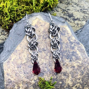 Bixia Earrings Siam Red Premium Crystal Stainless Steel Knotwork Chainmaille Intricate Woven Lightweight July Birthstone