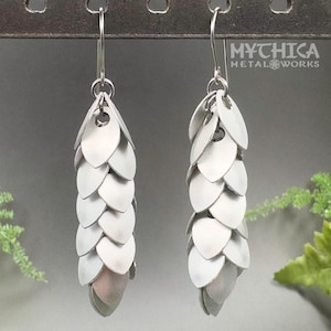 Anzu Earrings Frost Long Anodized Aluminum Tiny Scales with Surgical Steel Ear Hooks Hypoallergenic Mermaid Dragon Silver White Fantasy