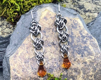 Bixia Earrings Topaz Orange Premium Crystal Stainless Steel Knotwork Chainmaille Intricate Woven Lightweight November Birthstone