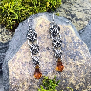 Bixia Earrings Topaz Orange Premium Crystal Stainless Steel Knotwork Chainmaille Intricate Woven Lightweight November Birthstone