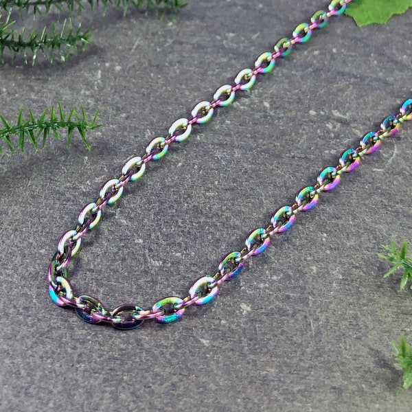 Custom Length Chain Rainbow Titanium Plated Stainless Steel 4x3mm Flattened Links Chain Oval Hypoallergenic Cable Shiny Multicolor Oil Slick