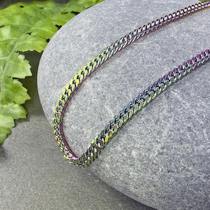 Custom Length Chain Rainbow Titanium Plated Stainless Steel 5x4mm Flattened Cuban Links Medium Thick Shiny Multicolor Iridescent Pastel