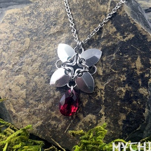 Laka Necklace Ruby Scarlet Premium Crystal Stainless Steel Anodized Aluminum Scalemaille Knotwork Chainmaille Intricate July Birthstone