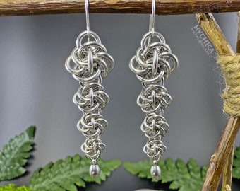 Megaera Earrings Stainless Steel Ear Wires Hypoallergenic Woven Knotwork Chainmaille Cascade Graduated Intricate Knots Long