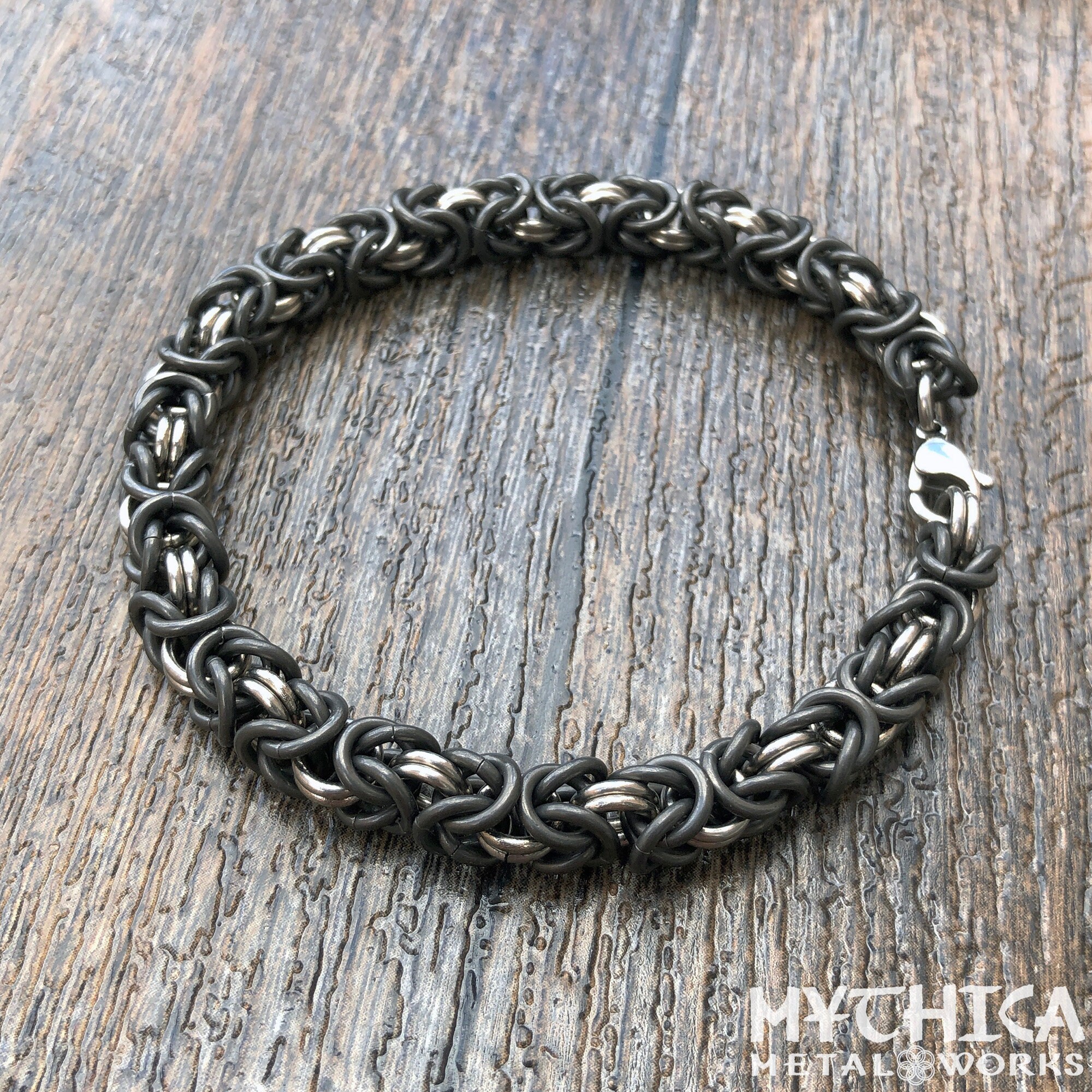 Titanium Mixed Darkened Polished Byzantine 18 Gauge Bracelet Unisex Lightweight Hypoallergenic Chainmaille Industrial Woven Custom Size