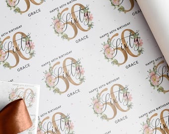 Personalised 60th Floral Birthday Wrapping Paper | Gold Floral Design